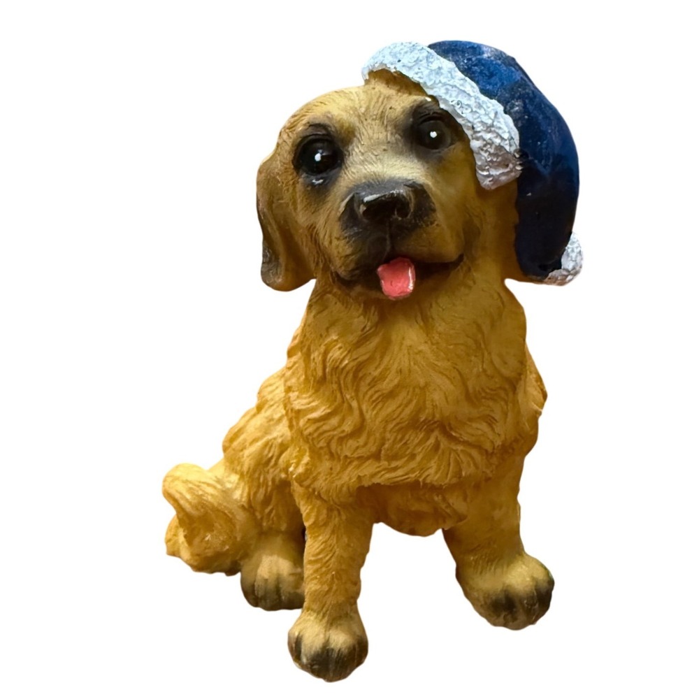 Golden Retriever Puppy Figurine Blue Winter Hat Christmas Holiday Decor 5.5 Inch